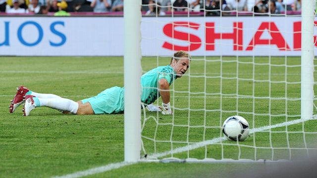 Joe Hart looks back at the ball in the net
