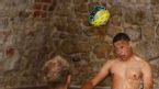 Alex Oxlade-Chamberlain heads a ball with Joe Hart, England recovery session, Stary Hotel, Krakow, Poland, June 12, 2012