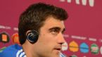 Sokratis Papastathopoulos fields question in a pre-match press conference, Greeve v Russia, Euro 2012,&nbsp;National Stadium, June 15, 2012