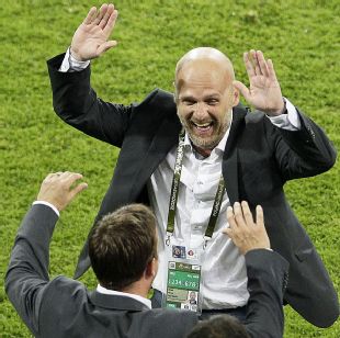 Michal Bilek celebrates Czech Republic's win over Poland