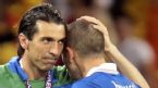 Gianluigi Buffon consoles Leonardo Bonucci after receiving their runners-up medals, Spain v Italy, Euro 2012, Olympic Stadium, July 1, 2012