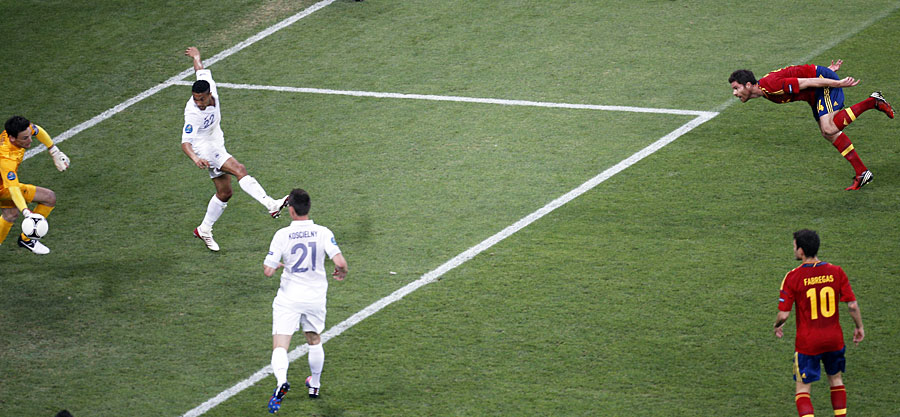 Xabi Alonso heads home his first goal against France