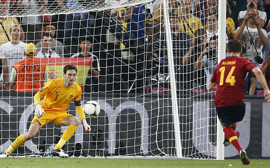Xabi Alonso scores a penalty against France