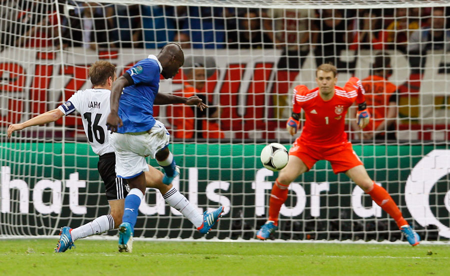 Italy's Mario Balotelli scores his side's second goal