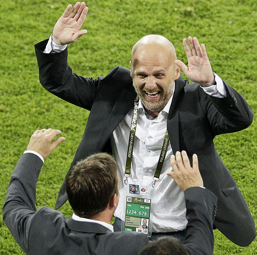 Michal Bilek celebrates Czech Republic's win over Poland