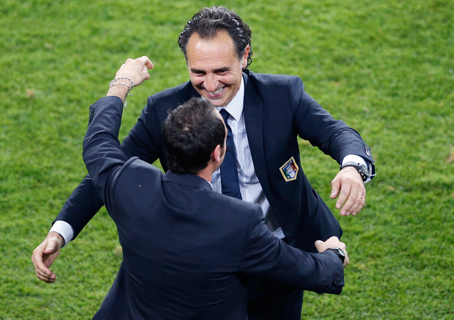 Italy coach Cesare Prandelli celebrates at the end of the game