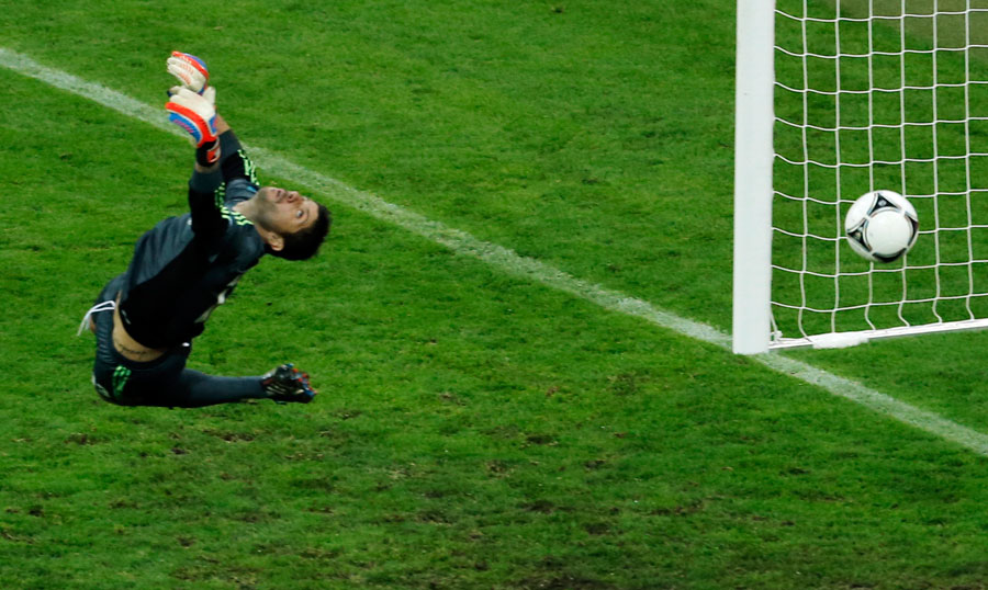 Greece goalkeeper Michalis Sifakis fails to make a save as Germany's Philipp Lahm scores