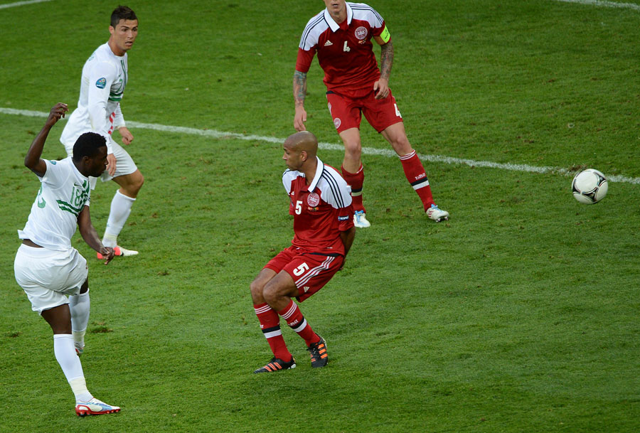 Portuguese forward Silvestre Varela scores the winner against Denmark